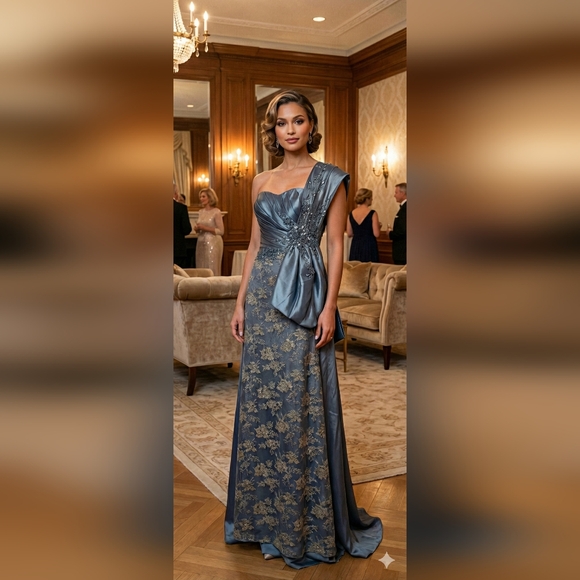 Mac Duggal Dresses & Skirts - Rare Vintage Mac Duggal Couture Slate Blue Gold Lace One-Shoulder Gown